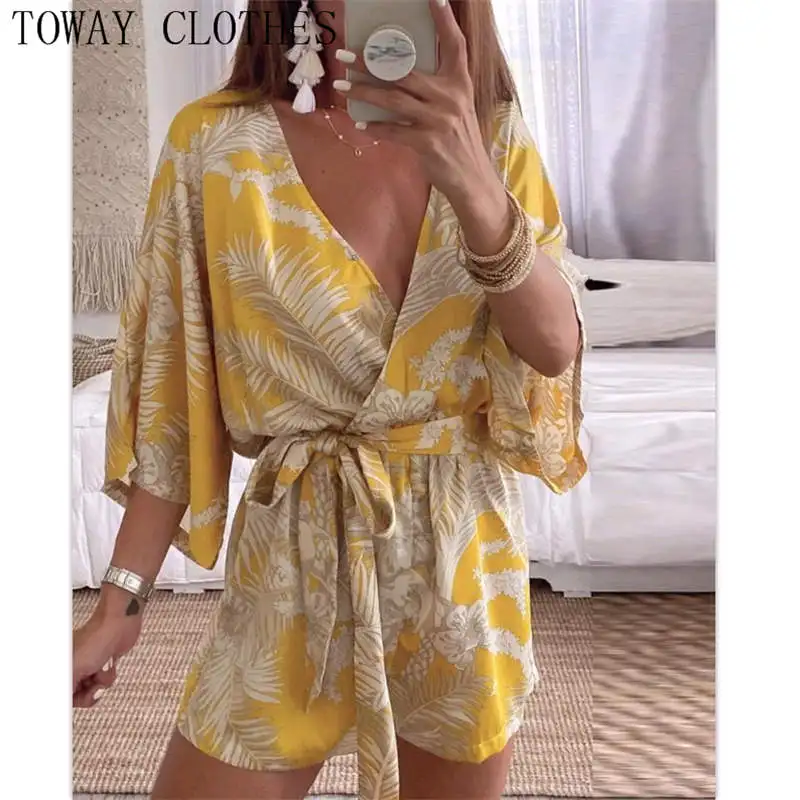 

Summer Women Causal V-Neck Floral / Leaf Print V-Neck Tied Detail Half Sleeve Romper