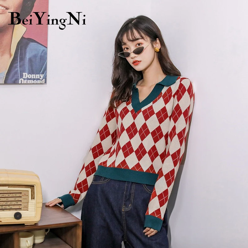 

Women Vintage Plaid Sweater Pullovers V-neck Knit CHIC Korean Top Female Jumper Autumn Winter Christmas Sweaters Pull
