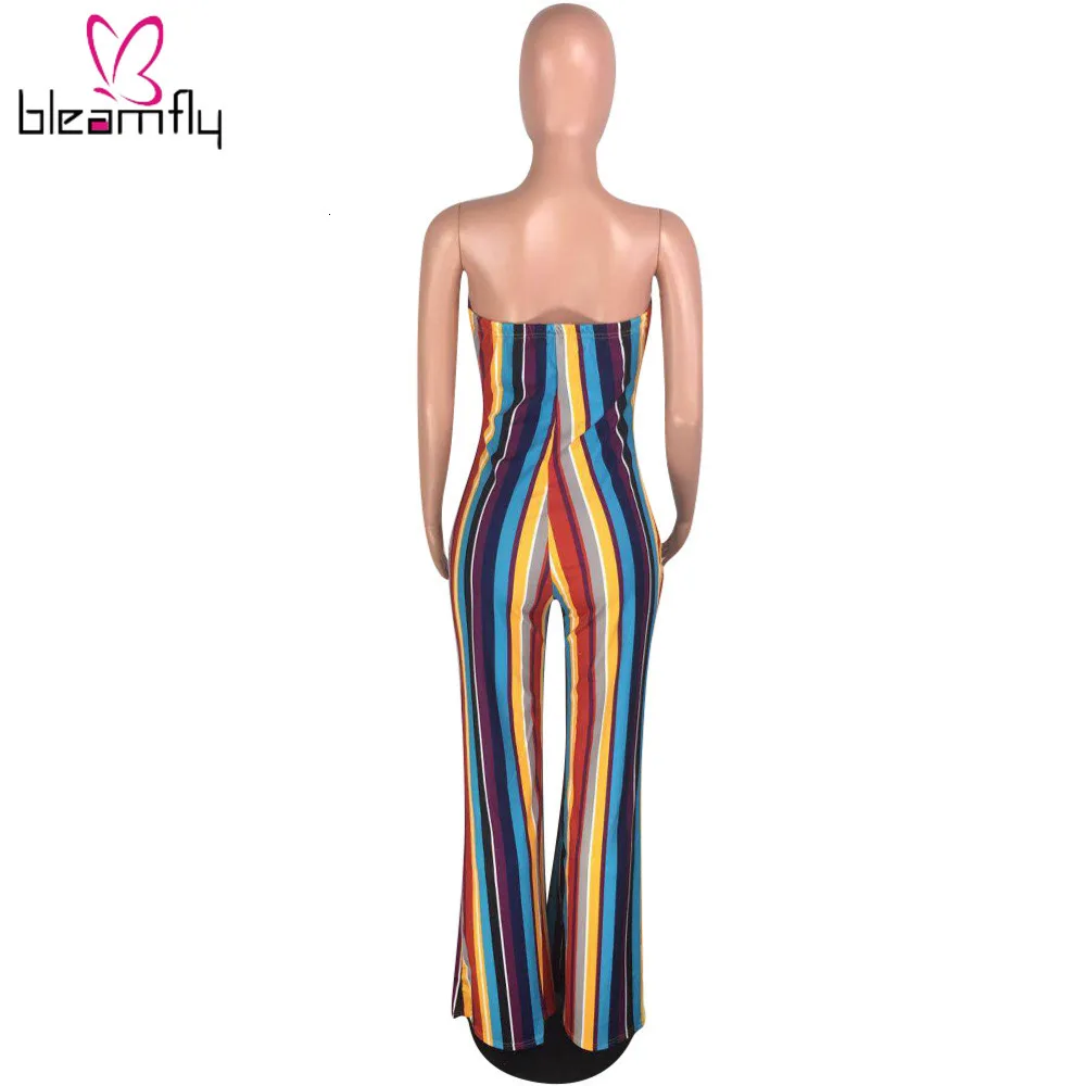 Женский летний цветной комбинезон в полоску без бретелек с завязками прямой