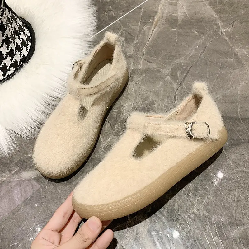 

Туфли женские на меху, теплые плюшевые лоферы, плоская подошва, ремешок с пряжкой, повседневная обувь, Осень-зима