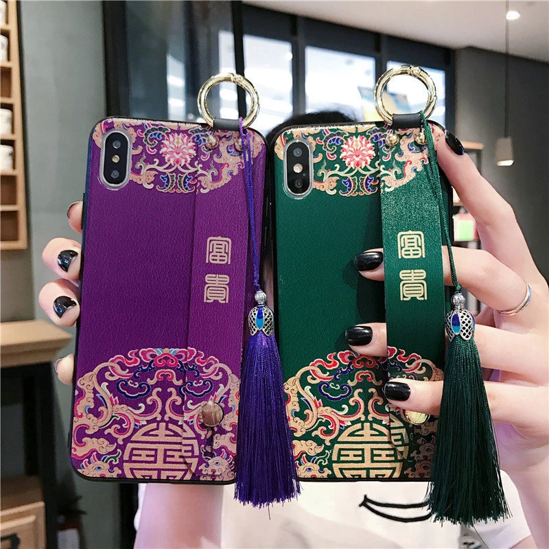 Китайский дворец Стиль телефон чехол для iPhone 11 Pro XS Max X XR 8 7 Plus Мягкий 6 6S Wristband