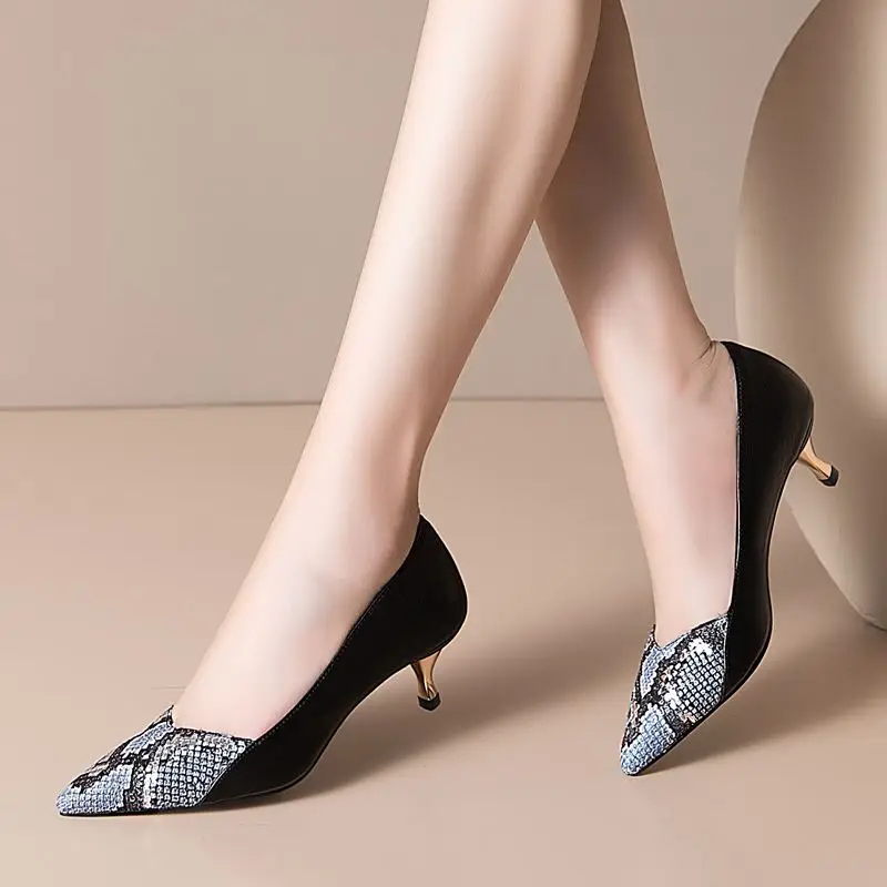 

ALLBITEFO large size:33-43 genuine leather gold heels office ladies shoeswomen high heel shoes brand high heels women heels