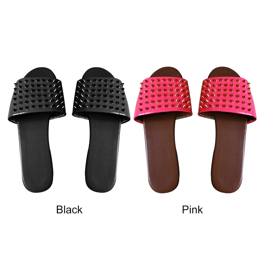 

1pair Flat Heel Open Toe Summer Beach Daily Women Rivet Slippers Home Outdoor Gift Slip On Fashion Casual Shopping Party Walking