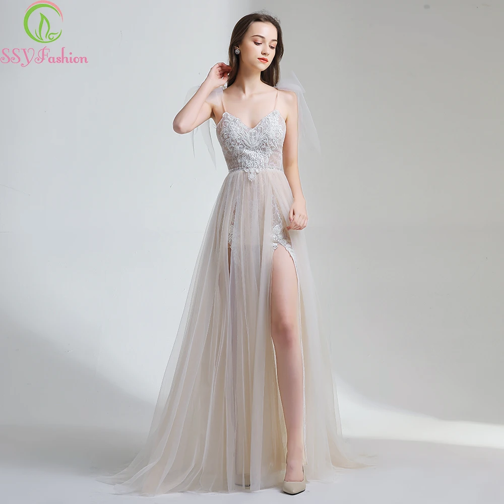 Женское вечернее платье SSYFashion цвета слоновой кости с v-образным вырезом кружева