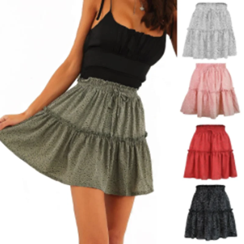 

Summer Women New elastic high-waist chiffon big pendulum short skirt tether folds printed pleated polka-dot sweet small fresh