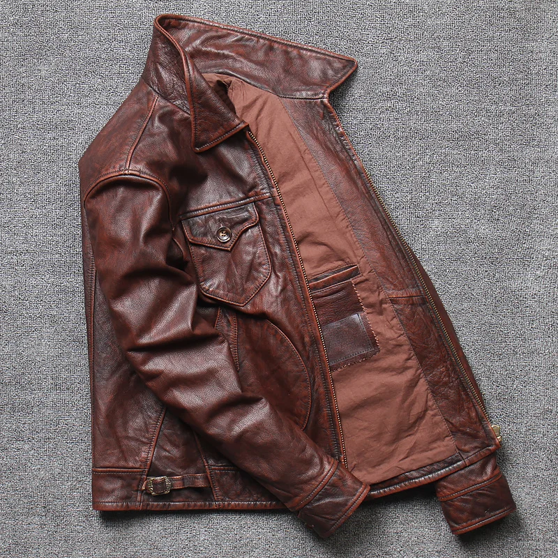 

2021 Vintage Brown Casual Style Genuine Leather Jacket Men Large Size 4XL Real Natural Cowhide Autumn Slim Fit Short Coat