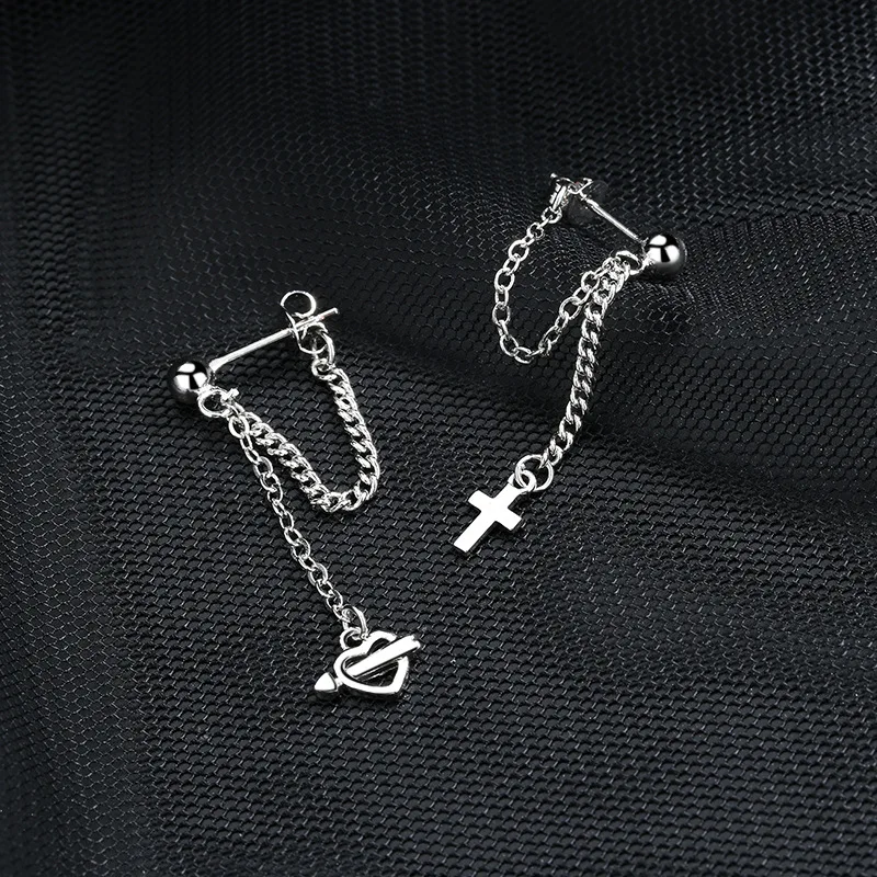 

925 Sterling Silver Asymmetry Cross Heart Tassel Studs Earrings For Women Christmas Jewelry Accessories eh358