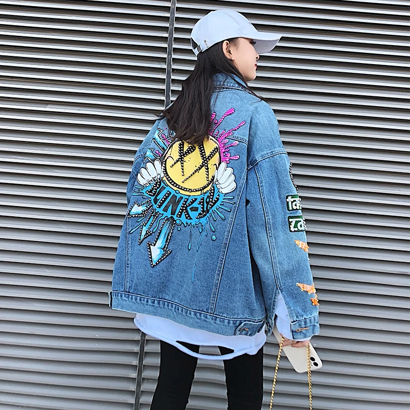 

2021 Korea-style Spring Autumn Long Sleeve Denim Jacket All-match Flash Drilling Beading Letter Loose Outwear Hip Hop Jean Coat