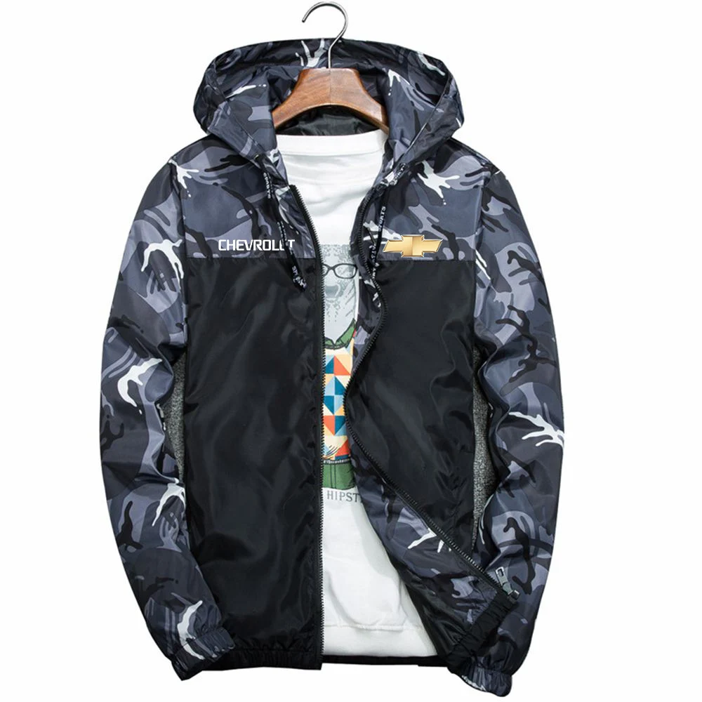 

Unisex New Men Spring Autumn Chevrolet Car Logo Windbreaker Camou Hoodies Clothing Slim Handsome Sport Splicing Male Coat