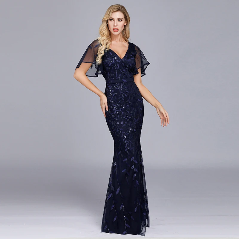 

2021 Summer New Embroidery Sequin Dress Lotus Leaf Sleeves V-Neck High Waist Banquet Fishtail Evening Dress Women