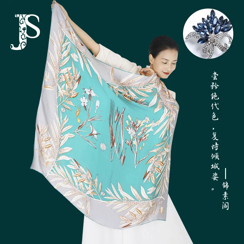 

JS 100% silk scarf blue color big square size 110cm lady shawl for travel beach fashion scarf for ladies gift