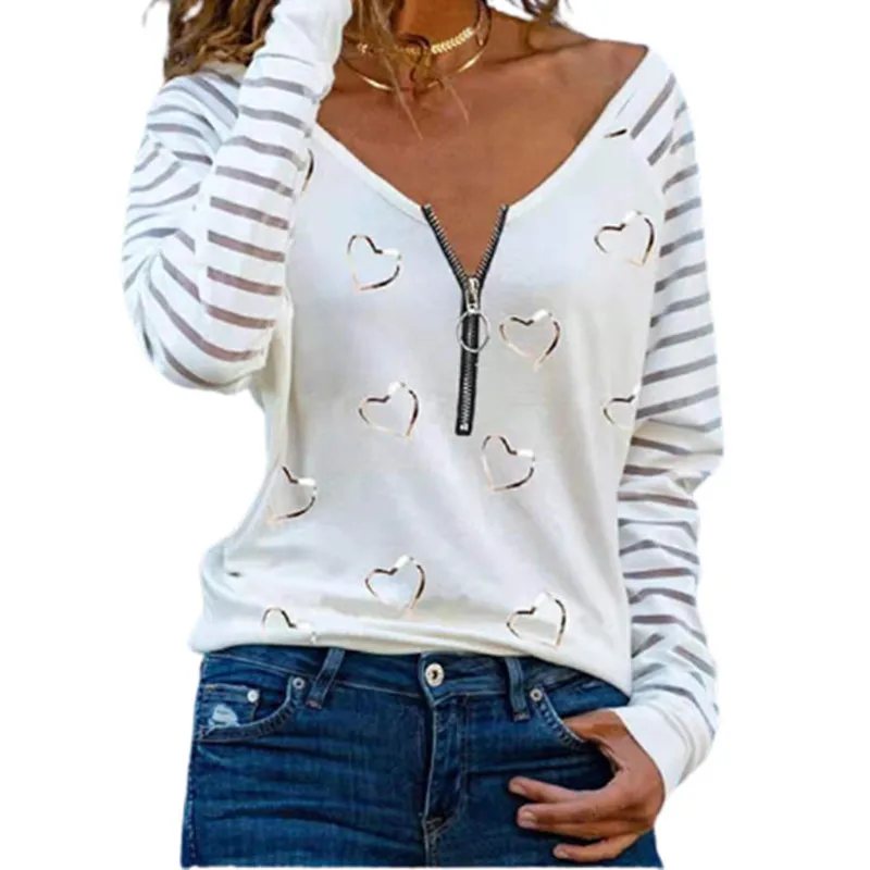 

Women's Printed T Shirt V Neck Zipper Casual Loose Long Sleeve Top Tshirt 2021 New Spring Autumn Fashion Sexy Spring Clothing