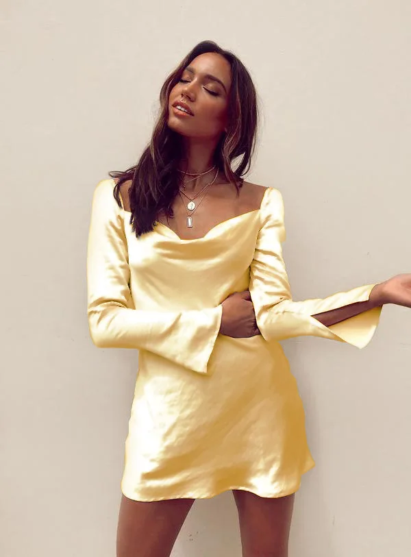 

2021 new long-sleeved split satin dress multi-color square neck women's clothing