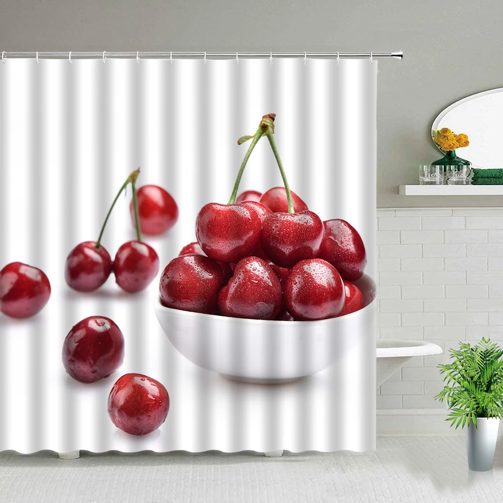 

Cherry Fruit Print Shower Curtains Orange Banana Kiwi Pattern Bathroom Decor Screen Waterproof Fabric Bath Curtain With Hooks