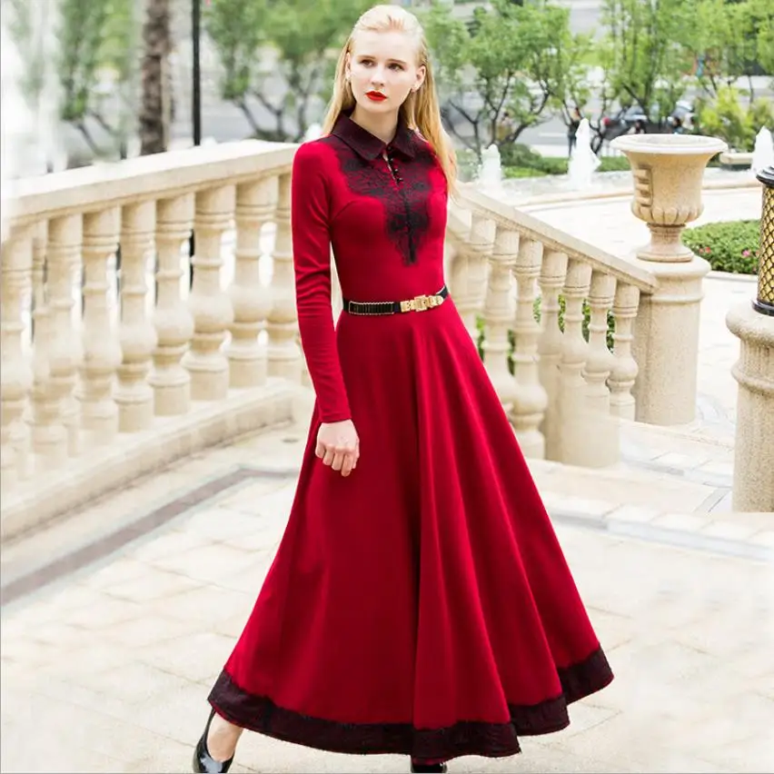 

Autumn and winter Floor-length high waist was thin long-sleeved red dress female lace stitching and long temperament dress F1661