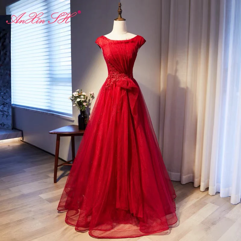 

Женское винтажное вечернее платье AnXin SH, Красное Кружевное платье принцессы с цветочным кружевом, круглым вырезом, бусинами, кристаллами, бе...