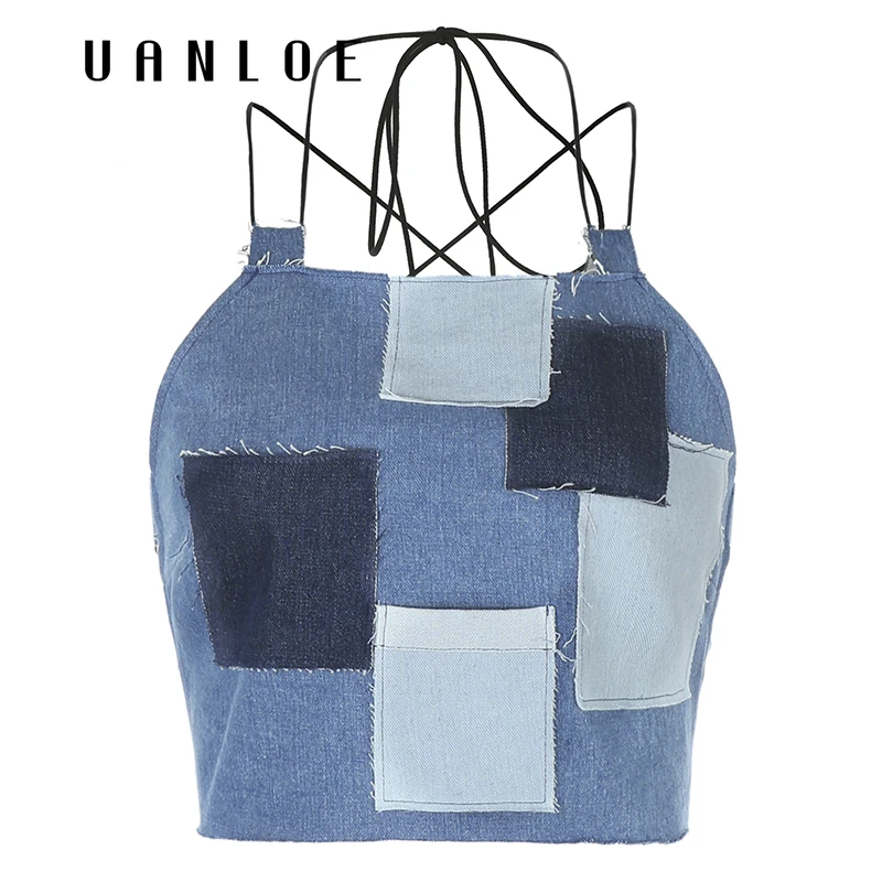 

UANLOEStreetwear Patchwork Backless Crop Top Women Sexy Fashion Clothes Bandage Lace Up Denim Tops Girls' 90s Vintage Y2K Vest