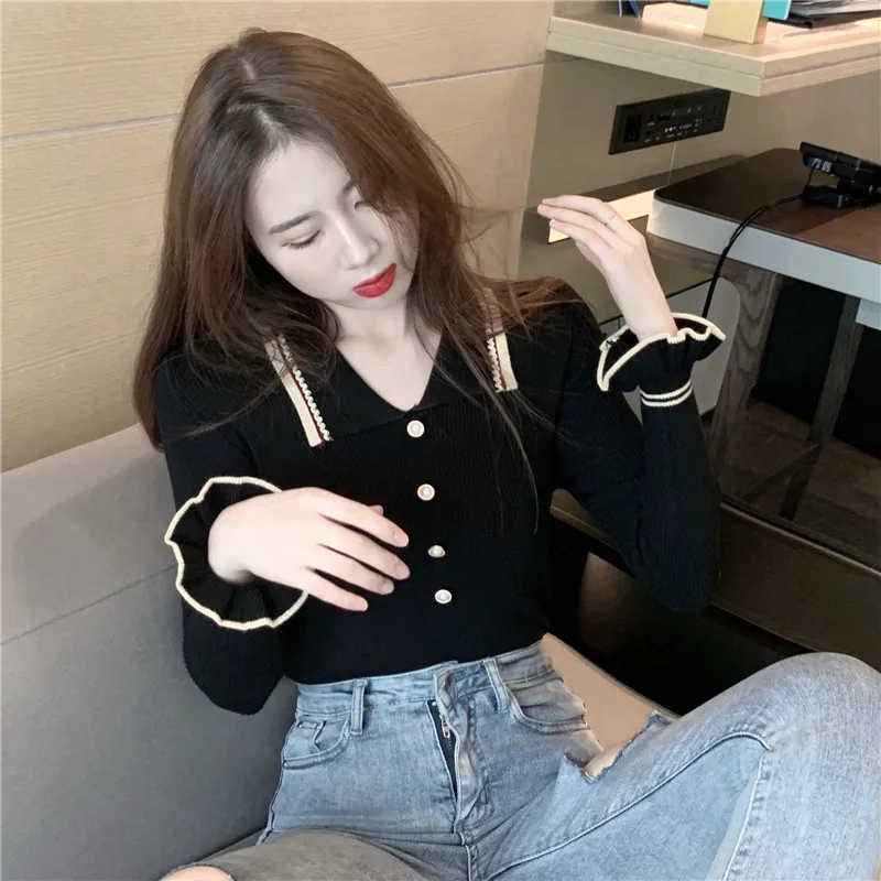 

Early autumn new spell color knit female temperament agaric edge horn sleeve cultivate one's morality show thin coat