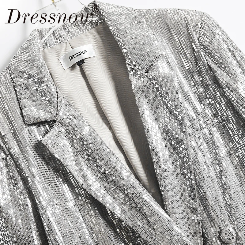 Dressnow Женский блейзер с блестками на весну и осень женское серебряное Свободное