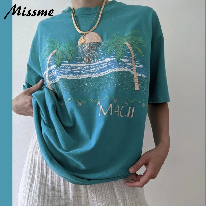 

Футболка женская с коротким рукавом и принтом, пляжный Свободный Топ в стиле бойфренда, винтажная уличная одежда в американском стиле, на ле...