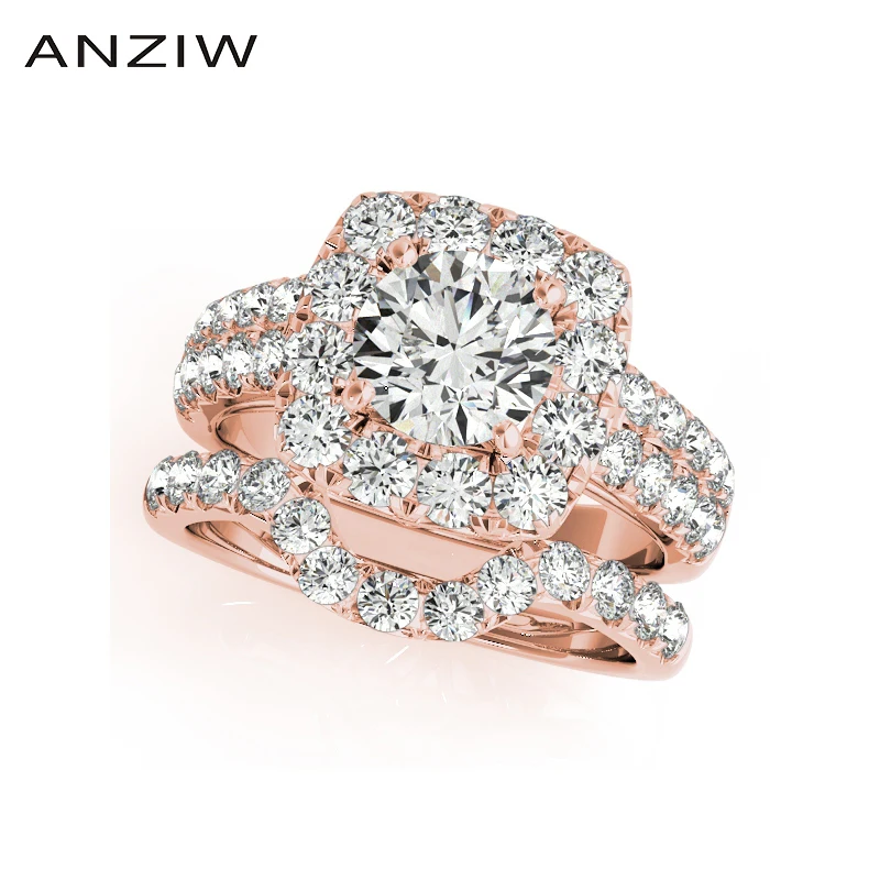 

ANZIW 925 Sterling Silver Rose Gold Color Women Ring Sets 1ct Round Cut Engagement Wedding Anniversary Halo Ring Sets Jewelry