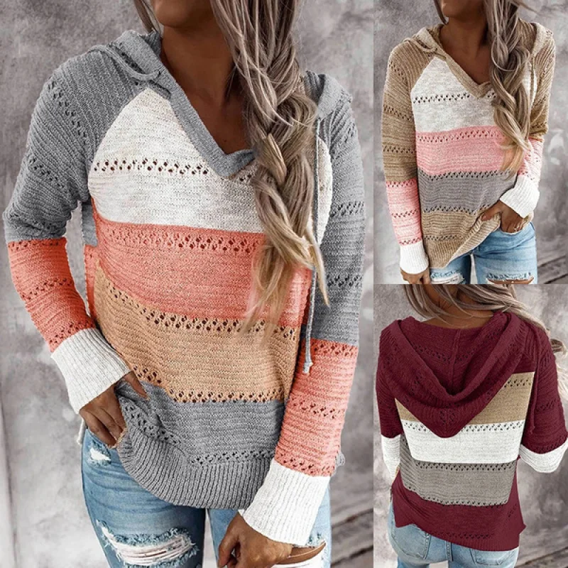 

Autumn/Winter V-neck Patchwork Hooded Sweater Women's Casual Long Sleeve Knitted Wool Top Striped Pullover Size X-5XL