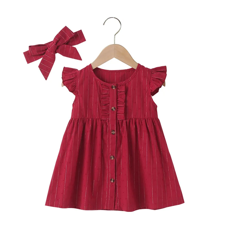 

Summer 2021 New Arrivals Girls Summer Style Dress Short Sleeve Single Breasted Claret Solid Cute A-Line Girl Cake Dress 0-2T