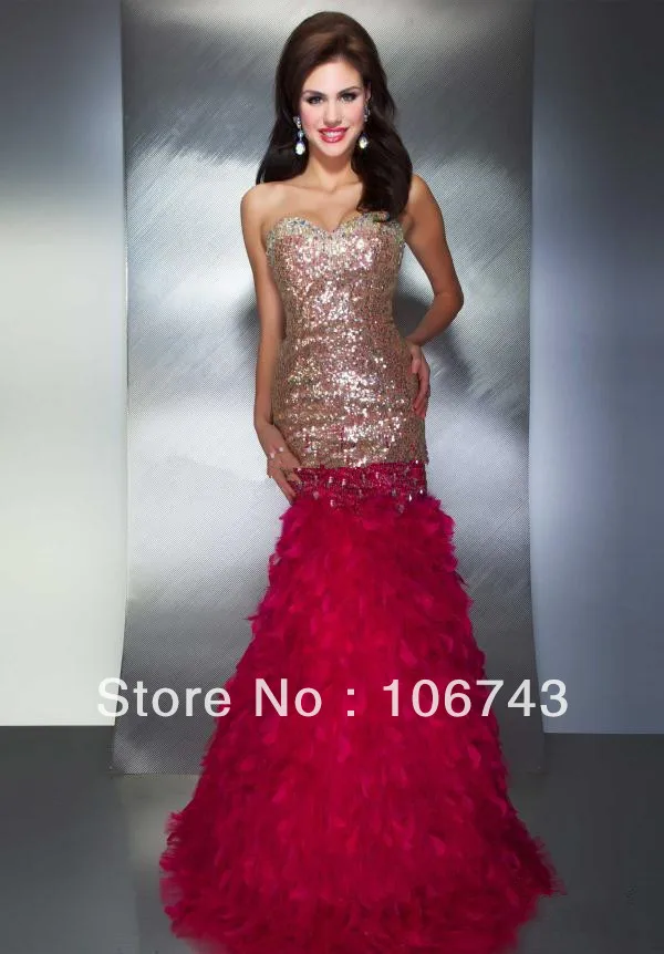 

free shipping 2014 luxury crystal sequin feather dress Strapless Mermaid Sequins Floor Length Evening Prom Dress Formal Gowns