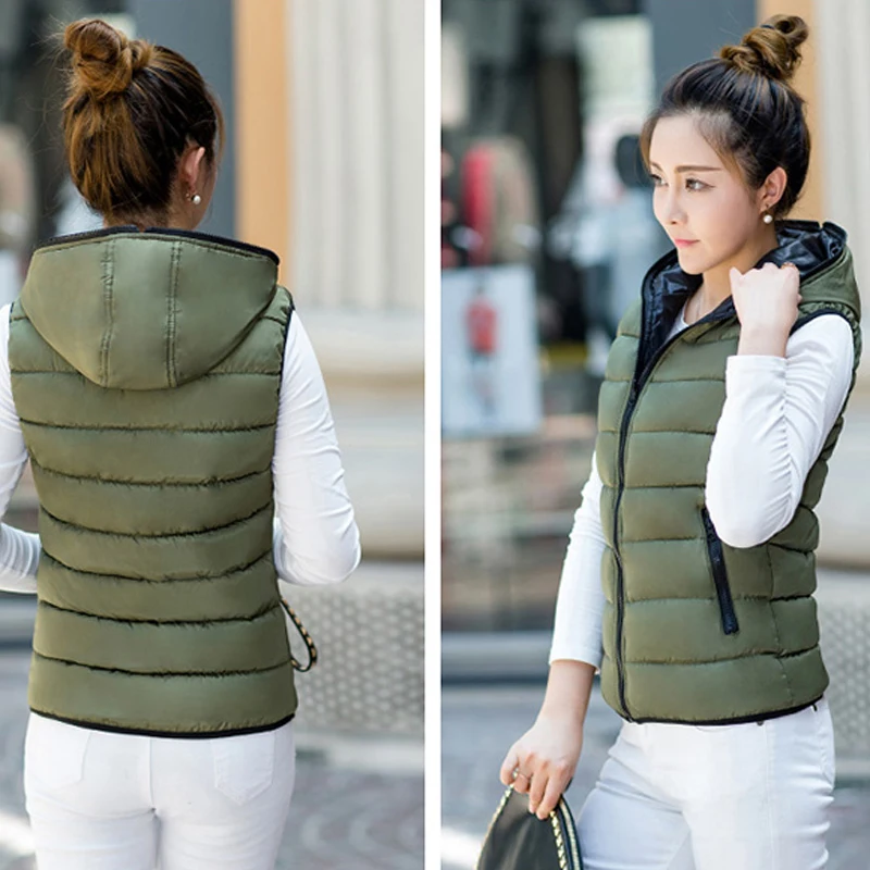 Размера плюс женский зимний жилет с капюшоном двусторонний однотонный