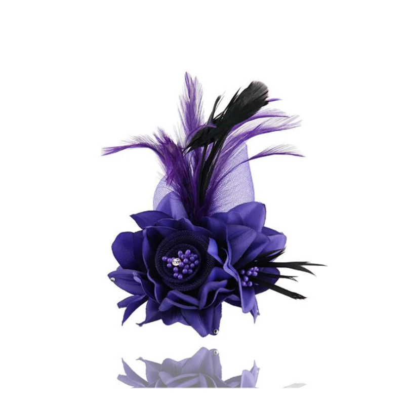 purple Earofcorn Свадебная перьевая брошь Ruili модная высококачественная ткань ручной работы большая Цветочная Брошь цветок на голову двойного назначения - Окраска металла: purple