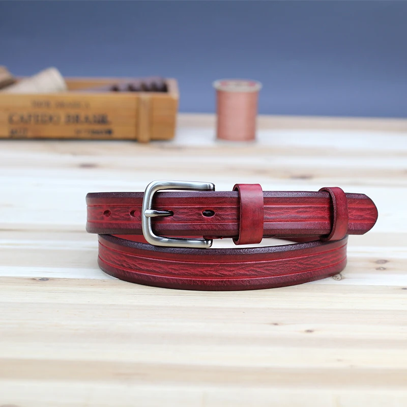 

Donotknow Genuine Leather Lady's Belt Stripe Wipe Belt Vegetable Tanned Head Layer Cowhide Retro Casual 2.8cm Pin Buckle