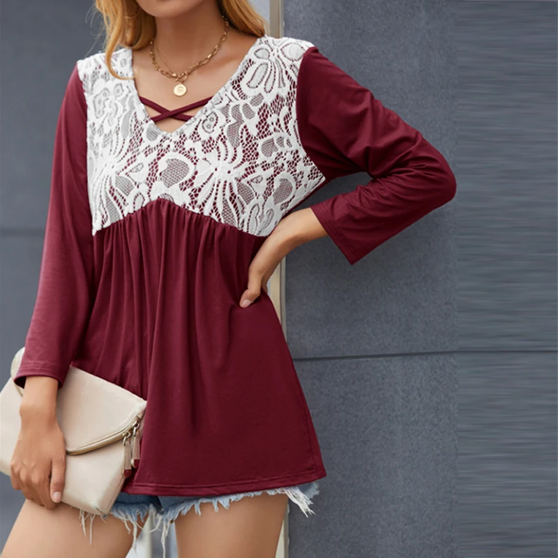 

Блузка женская с V-образным вырезом, модная шикарная кружевная Повседневная офисная рубашка в стиле пэчворк с перекрестным дизайном, топ св...
