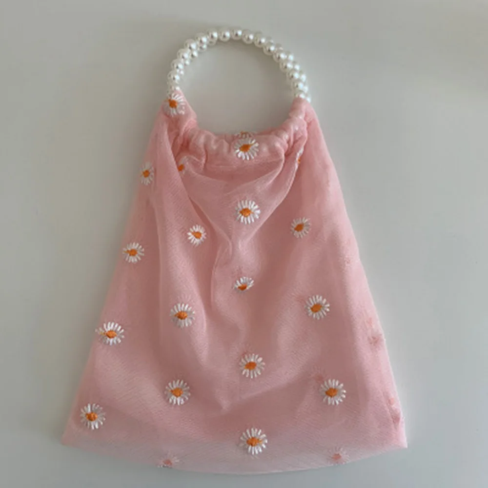 

Womens Girls Transparent Little Daisy Tote Mesh Cloth Bag Daisy Embroidery Handbag Eco Fruit Shopping Bags Storage Bags