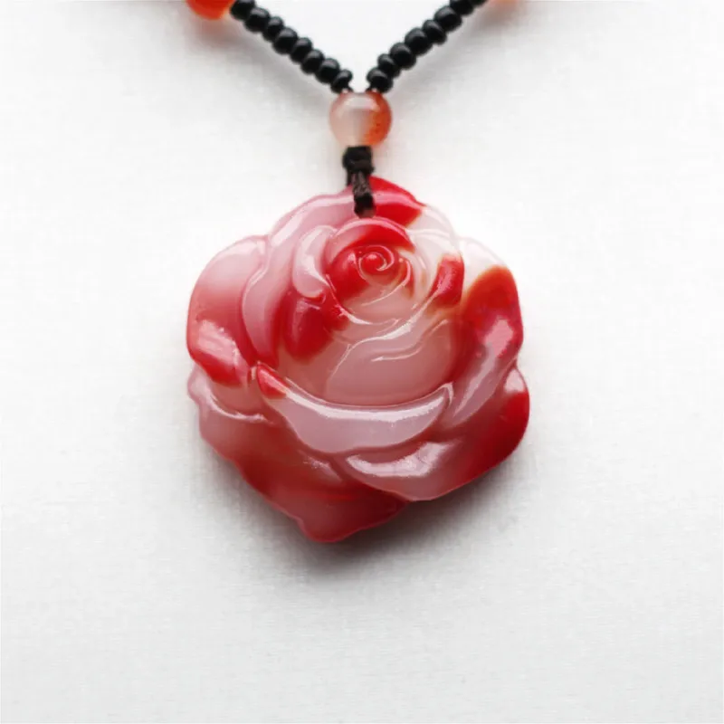 

Rose Flower Natural Red White Jade Pendant Necklace Chinese Carved Charm Jewelry Fashion Amulet for Men Women Couple Gifts