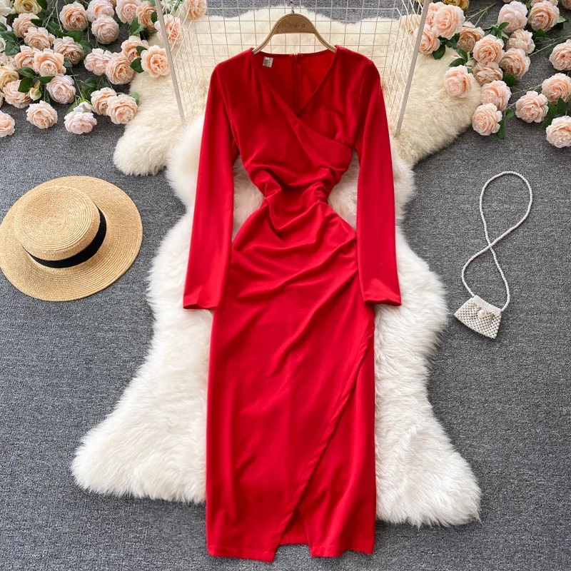 

Vintage Black/Red Party Midi Dress Autumn Elegant V-Neck Long Sleeve High Waist Split Vestidos Female Casual Robe 2021 Fashion