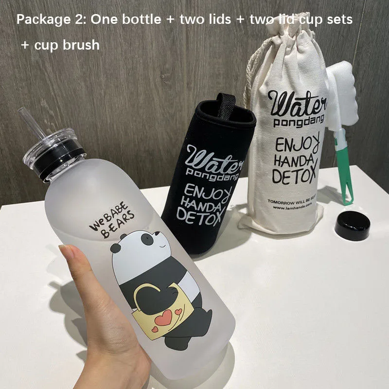 

1000ml Plastic Bottle Cartoon Frosted water Bottles Leak-proof Drinkware Panda Polar Bear Brown Cup Bear Pattern Transparent