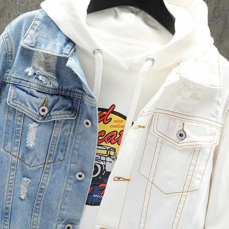 

Mcikkny Mens Patchwork Ripped Jeans Jackets 2 Colors Block Denim Jackets For Male Hip Hop Size M-5XL