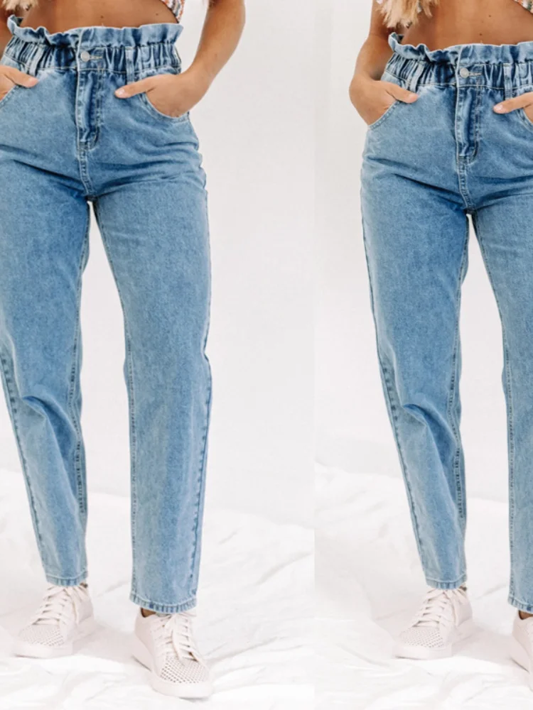 

Simple Temperament 2021 Summer Casual Women Pants All-match Straight Leg Elastic Waist Female Small Feet Pencil Jeans for Girls