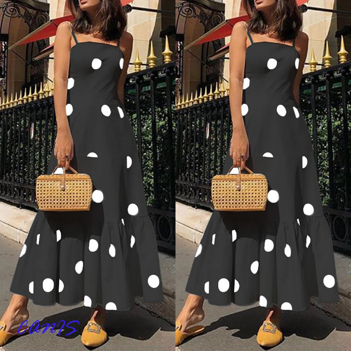 Платье женское в горошек с V образным вырезом без рукавов|Женские платья| |