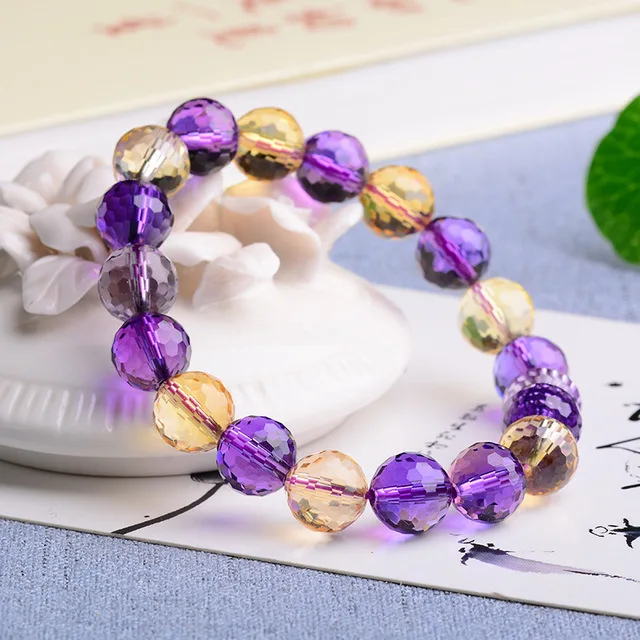 Natural Citrine Amethyst Women Men Bracelet Yellow Purple Faceted Round Beads Charm Ametrine Stretch Crystal 12mm 14mm AAAAA