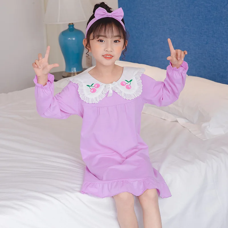 

2021 Cotton Children's Home Wear Nightdress Girl Kids Pajamas Dresses For Girl Print With Hair Hoop 4-16 Years Kids Nightdress
