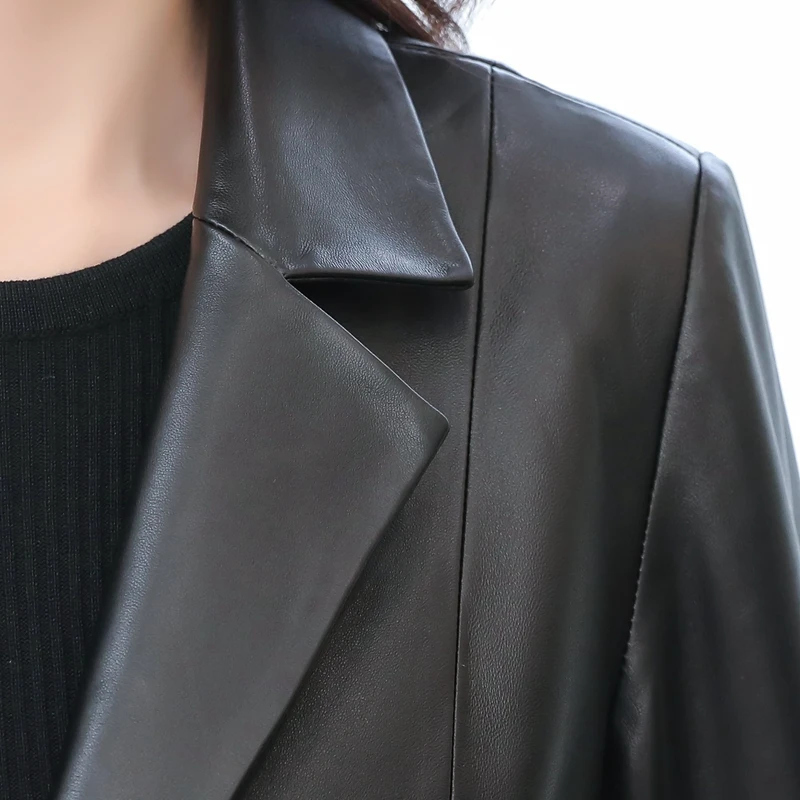 

leather garment women's middle and long style new spring and autumn sheep skin single skin windbreaker coat slim