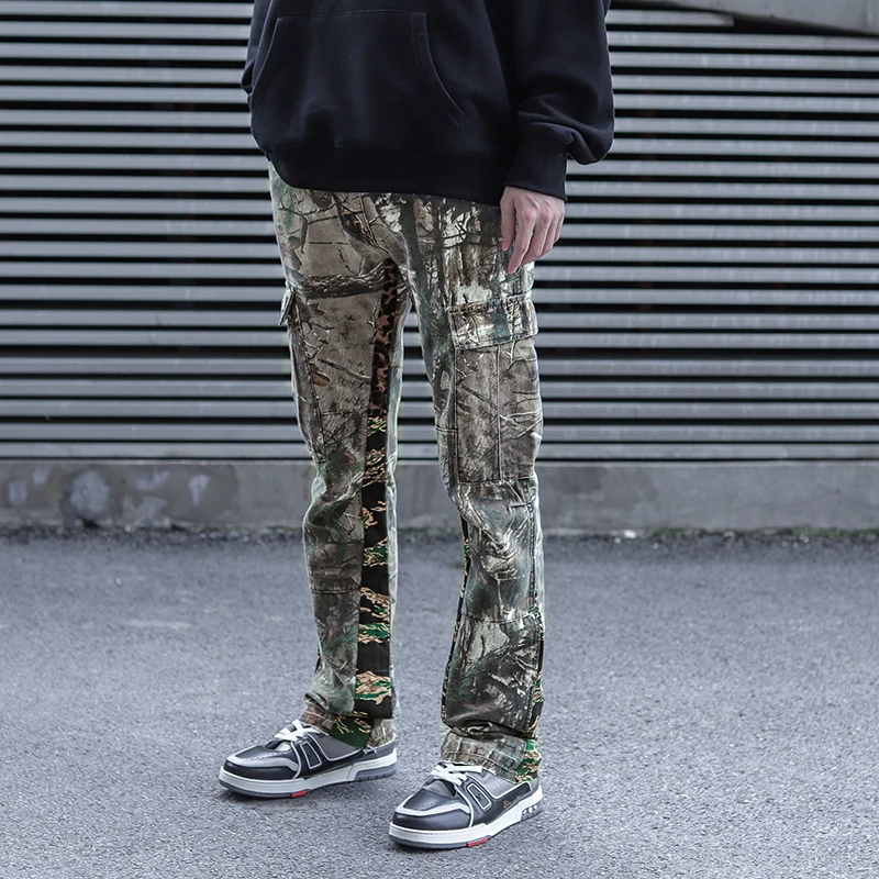 

Camouflage Leopard Print Color Block Mens Cargo Pants Retro Pockets Straight Oversize Casual Overalls Loose Hip Hop Trousers
