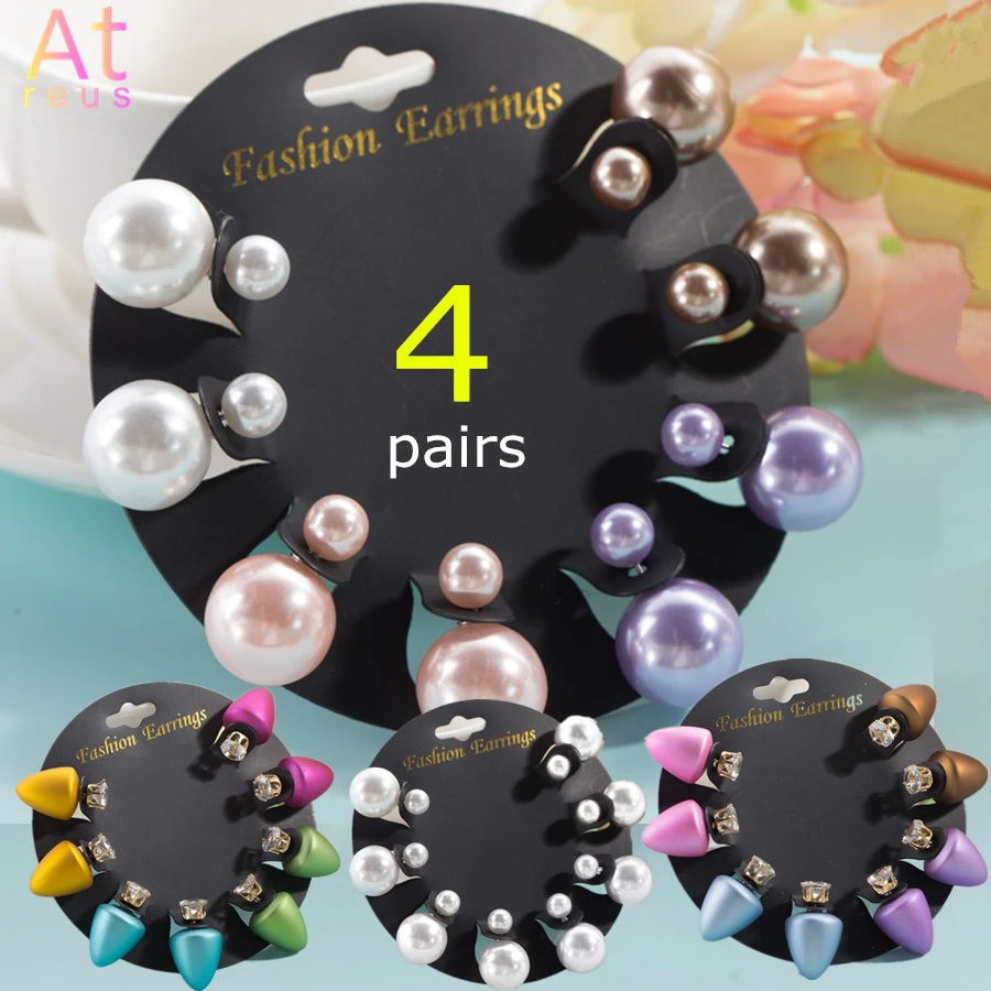 4 пары Двухсторонние серьги гвоздики набор оптовая продажа модные с двойным