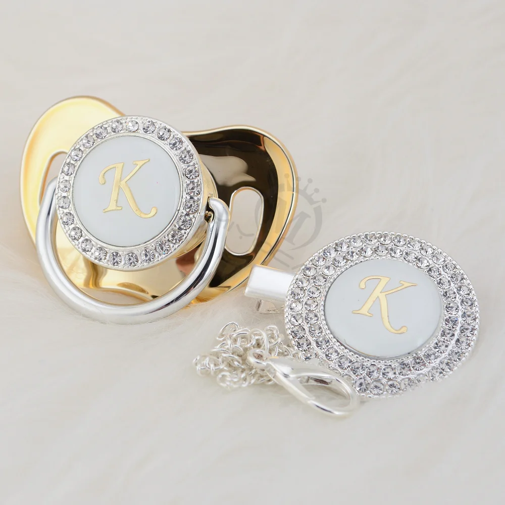 

MIYOCAR silver Initials letter K lovely bling pacifier and pacifier clip set unique BPA free dummy bling baby shower gift LK-1