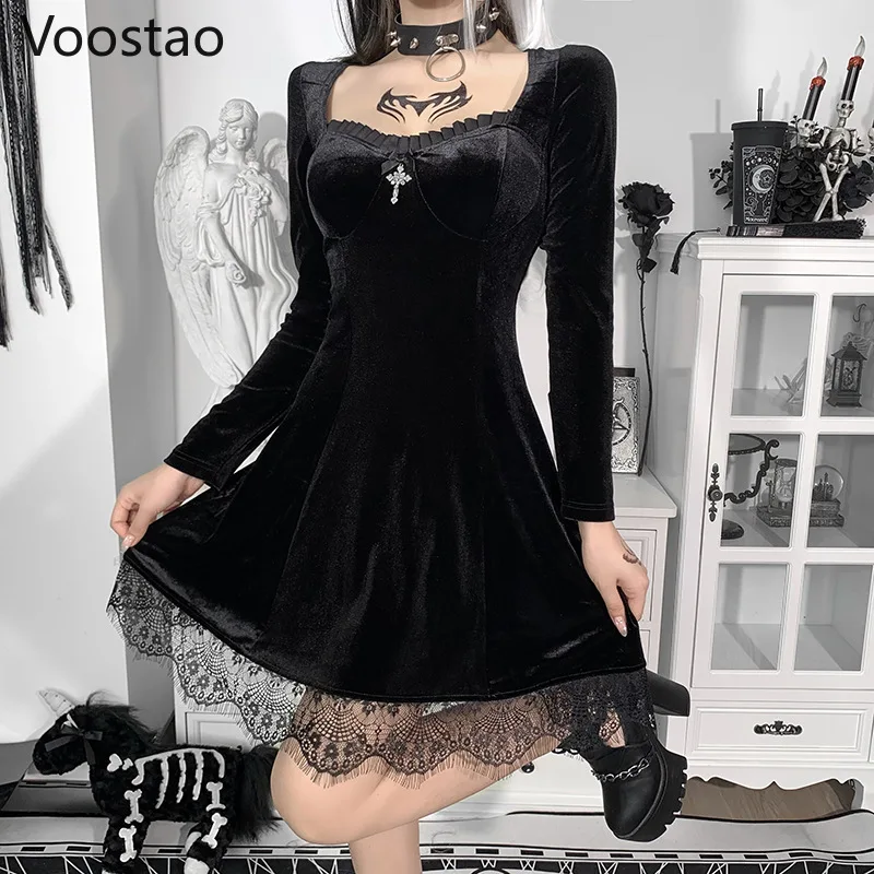 

Gothic Harajuku Lolita Style Dress Spring Autumn Women Sweet Lace Patchwork Velvet Mini Dress Girly Y2K Long Sleeve Vestidos