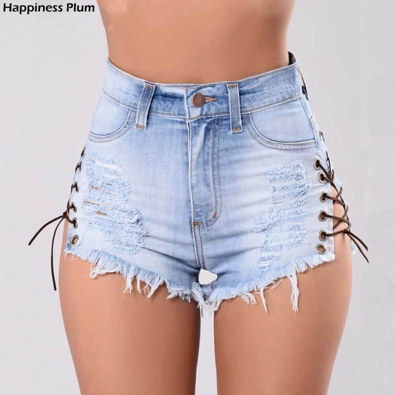 

Винтажные синие джинсовые шорты с рваными дырками и бахромой, женские повседневные джинсовые шорты на шнуровке с карманами, летние популяр...