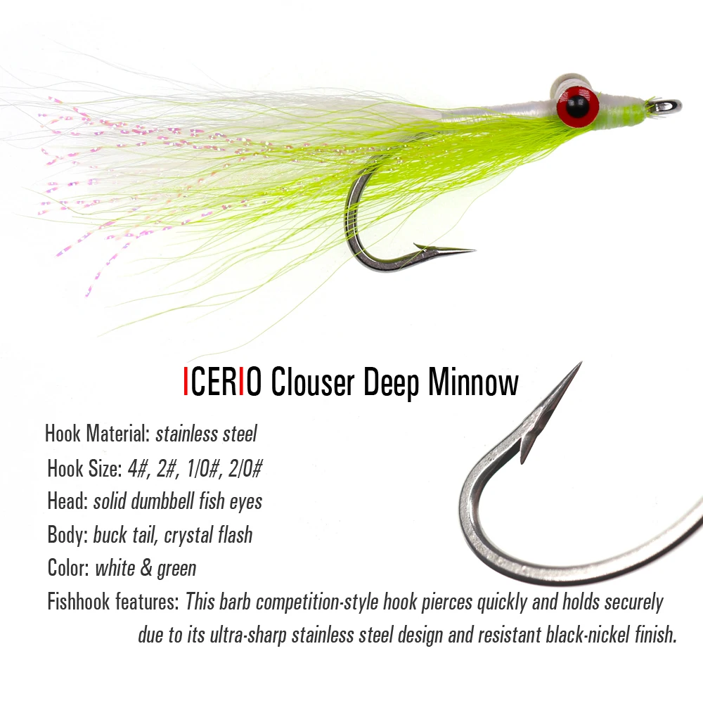 ICERIO 3 шт. крючок из нержавеющей стали Clouser Minnow Streamers Искусственные мухи окунь