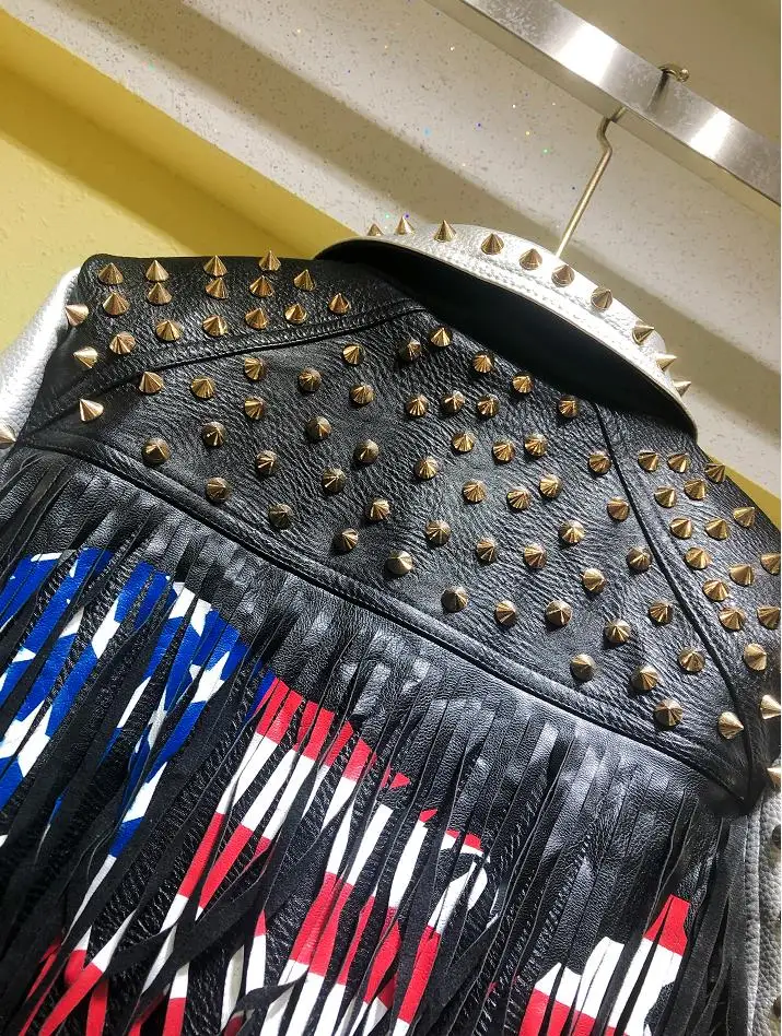 4XL размера плюс в стиле панк с отделкой бисером кожаный Куртки отложным