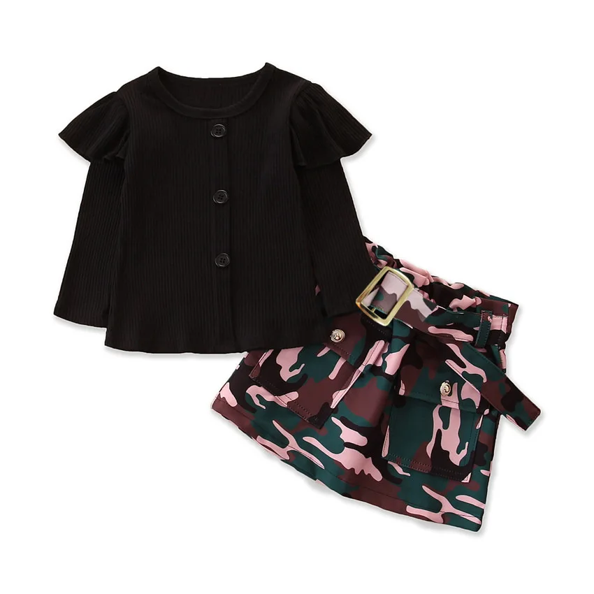 

2Pcs Fashion Autumn Toddler Girls Clothes Set Long Sleeve Button T-shirts Tops+Camouflage Mini Skirts Children Girls Outfits Hot